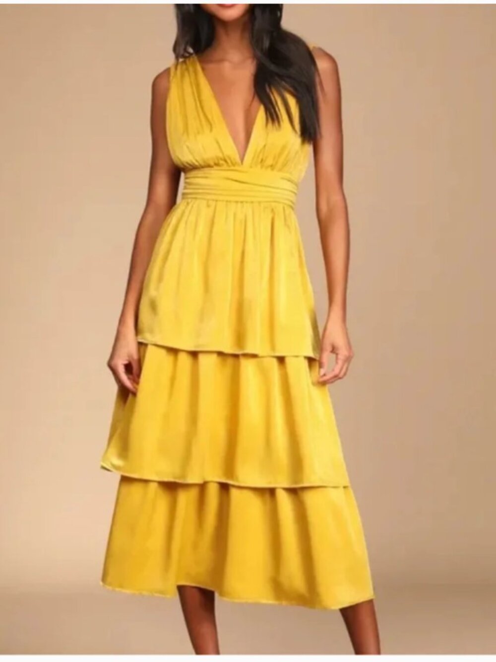 Small Lulus Mustard Yellow V-Neck Satin Tiered Sleeveless Midi Dress - Modified
